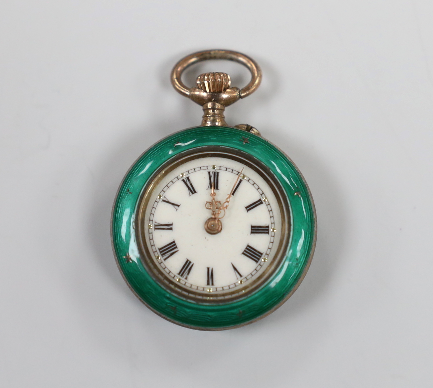 An early 20th century continental gilt white metal? and green enamel set fob watch, with Roman dial.